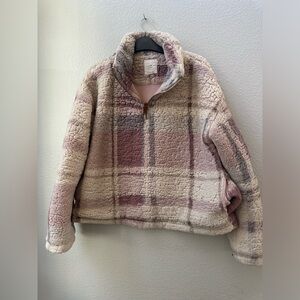 thread & supply pink white teddy sherpa checkered pullover jacket womens s